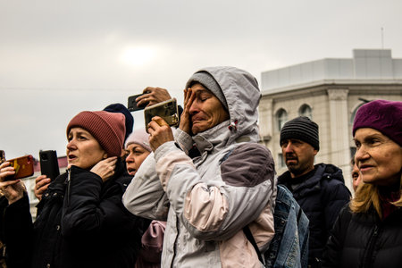 Citizens of Kherson celebrate the liberation of the city on Freedom Square in the city center. Russian troops left Kherson after a nine-month occupationのeditorial素材