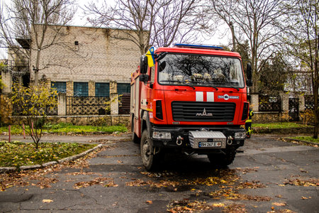 Fire truck parked in the center of Kherson after the liberation of the city by the Ukrainian army....