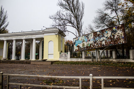 Cityscape and facade of building in Kherson city. Russian troops left Kherson after a nine-month occupation and a counter-offensive by the Ukrainian armyのeditorial素材