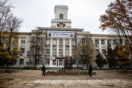 Cityscape and facade of building in Kherson city. Russian troops left Kherson after a nine-month occupation and a counter-offensive by the Ukrainian armyのeditorial素材