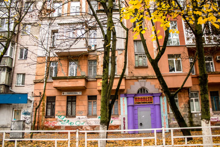 Cityscape and facade of building in Kherson city. Russian troops left Kherson after a nine-month occupation and a counter-offensive by the Ukrainian armyのeditorial素材