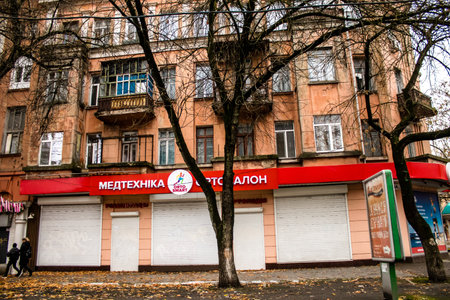 Cityscape and facade of building in Kherson city. Russian troops left Kherson after a nine-month occupation and a counter-offensive by the Ukrainian armyのeditorial素材