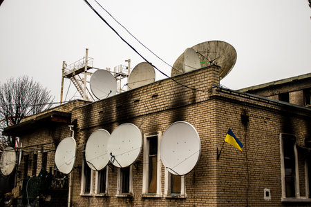 Cityscape and facade of building in Kherson city. Russian troops left Kherson after a nine-month occupation and a counter-offensive by the Ukrainian armyのeditorial素材