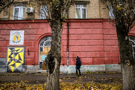 Cityscape and facade of building in Kherson city. Russian troops left Kherson after a nine-month occupation and a counter-offensive by the Ukrainian armyのeditorial素材