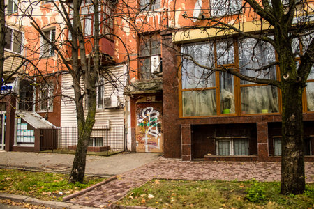Cityscape and facade of building in Kherson city. Russian troops left Kherson after a nine-month occupation and a counter-offensive by the Ukrainian armyのeditorial素材