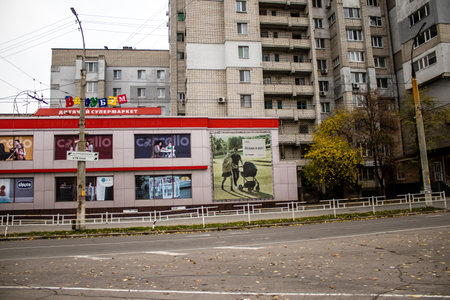 Cityscape and facade of building in Kherson city. Russian troops left Kherson after a nine-month occupation and a counter-offensive by the Ukrainian armyのeditorial素材