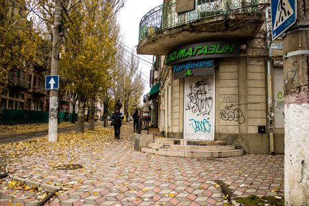 Cityscape and facade of building in Kherson city. Russian troops left Kherson after a nine-month occupation and a counter-offensive by the Ukrainian armyのeditorial素材