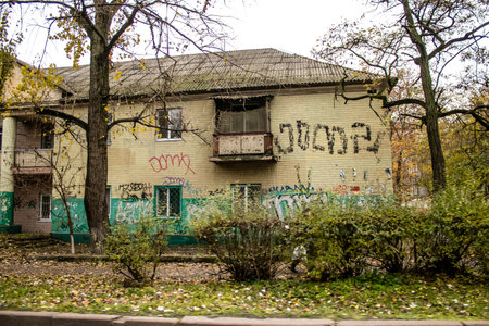 Cityscape and facade of building in Kherson city. Russian troops left Kherson after a nine-month occupation and a counter-offensive by the Ukrainian armyのeditorial素材