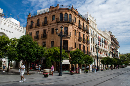 Sevilla, Spain - June 06, 2023 Architecture and cityscape of the city center of Sevilla, an emblematic city and the capital of Andalusia.のeditorial素材