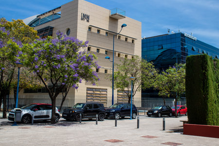 Seville, Spain - June 06, 2023 Architecture and cityscape of Cartuja Island, one of the neighborhoods of Seville, emblematic city and capital of Andalusia.のeditorial素材