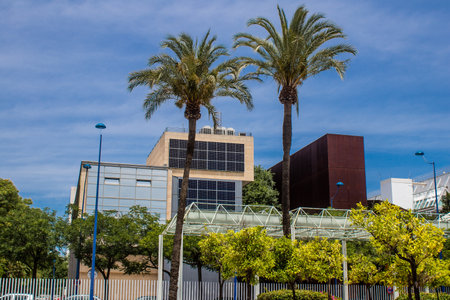 Seville, Spain - June 06, 2023 Architecture and cityscape of Cartuja Island, one of the neighborhoods of Seville, emblematic city and capital of Andalusia.のeditorial素材