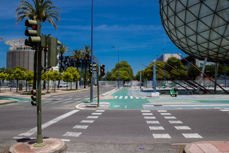 Seville, Spain - June 06, 2023 Architecture and cityscape of Cartuja Island, one of the neighborhoods of Seville, emblematic city and capital of Andalusia.のeditorial素材