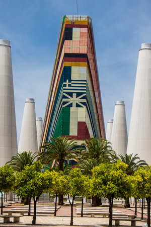 Seville, Spain - June 06, 2023 Architecture and cityscape of Cartuja Island, one of the neighborhoods of Seville, emblematic city and capital of Andalusia.のeditorial素材