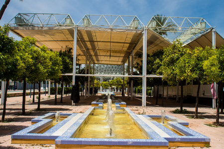 Seville, Spain - June 06, 2023 Architecture and cityscape of Cartuja Island, one of the neighborhoods of Seville, emblematic city and capital of Andalusia.のeditorial素材