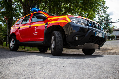 Reims, France - June 26, 2023 Firetruck of firefighters in intervention in a building on fire in Reims, Franceのeditorial素材