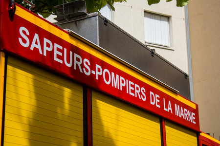 Reims, France - June 26, 2023 Firetruck of firefighters in intervention in a building on fire in Reims, Franceのeditorial素材