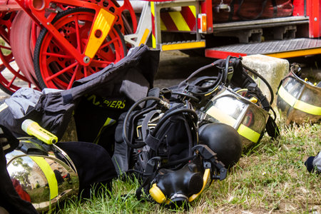 Reims, France - June 26, 2023 Equipment of firefighters in intervention in a building on fire in Reims, Franceのeditorial素材