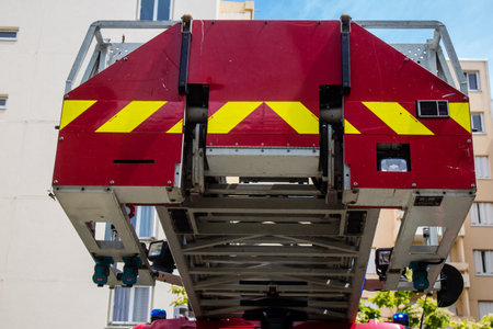 Reims, France - June 26, 2023 Firetruck of firefighters in intervention in a building on fire in...