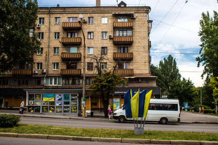 Even if the city is on the frontline and very close of the combat zone, most of the buildings are still intact thanks to a very efficient air defense system. The problem comes mainly from the nuclear power plant of Zaporizhia, occupied by the Russians armのeditorial素材