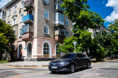 Damaged buildings at Nikopol, Russian army bombs civilian targets and cause a lot of damage. The Russian army has invaded Ukraine and heavy fighting is taking place in this area.のeditorial素材