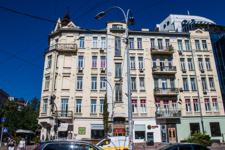 Facade of a building and architecture of the city of Kyiv, the capital of Ukraine during the war with Russia, the historical and modern buildings of Kyiv are the target of Russian missiles or drones. Thanks to a high-performance air defense system provideのeditorial素材