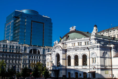 Facade of a building and architecture of the city of Kyiv, the capital of Ukraine during the war with Russia, the historical and modern buildings of Kyiv are the target of Russian missiles or drones. Thanks to a high-performance air defense system provideのeditorial素材