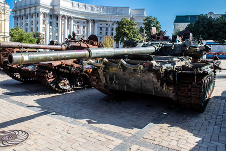 The exhibition of destroyed Russian military equipment is an outdoor exhibit and features Russian military equipment that has been captured and destroyed by Ukraine since the start of the war. The presentation of this destroyed Russian military material iのeditorial素材