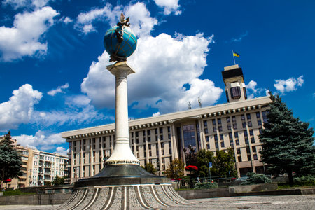 Facade of a building and architecture of the city of Kyiv, the capital of Ukraine during the war with Russia, the historical and modern buildings of Kyiv are the target of Russian missiles or drones. Thanks to a high-performance air defense system provideのeditorial素材