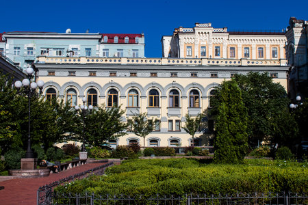 Facade of a building and architecture of the city of Kyiv, the capital of Ukraine during the war with Russia, the historical and modern buildings of Kyiv are the target of Russian missiles or drones. Thanks to a high-performance air defense system provideのeditorial素材