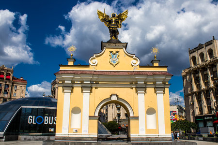 Facade of a building and architecture of the city of Kyiv, the capital of Ukraine during the war with Russia, the historical and modern buildings of Kyiv are the target of Russian missiles or drones. Thanks to a high-performance air defense system provideのeditorial素材