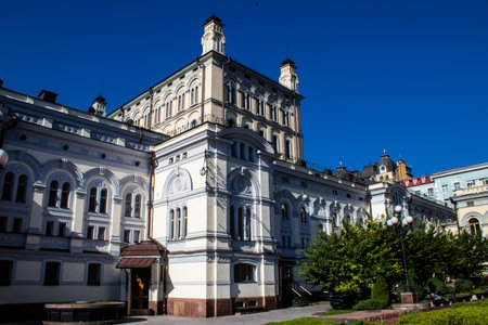 Facade of a building and architecture of the city of Kyiv, the capital of Ukraine during the war with Russia, the historical and modern buildings of Kyiv are the target of Russian missiles or drones. Thanks to a high-performance air defense system provideのeditorial素材