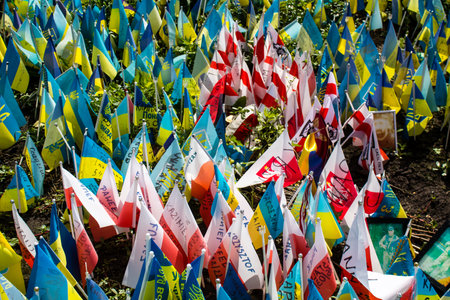Thousands of flags have been planted at the makeshift memorial for fallen soldiers in Maidan Square in Kyiv. Each flag is a tribute to someone who was killed by Russia's war in Ukraine. The flags of different countries whose fighters are nationals are repのeditorial素材