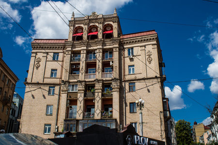 Facade of a building and architecture of the city of Kyiv, the capital of Ukraine during the war with Russia, the historical and modern buildings of Kyiv are the target of Russian missiles or drones. Thanks to a high-performance air defense system provideのeditorial素材