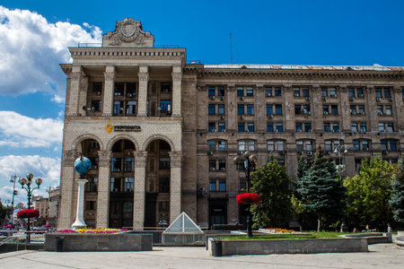 Facade of a building and architecture of the city of Kyiv, the capital of Ukraine during the war with Russia, the historical and modern buildings of Kyiv are the target of Russian missiles or drones. Thanks to a high-performance air defense system provideのeditorial素材