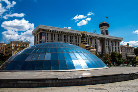 Facade of a building and architecture of the city of Kyiv, the capital of Ukraine during the war with Russia, the historical and modern buildings of Kyiv are the target of Russian missiles or drones. Thanks to a high-performance air defense system provideのeditorial素材