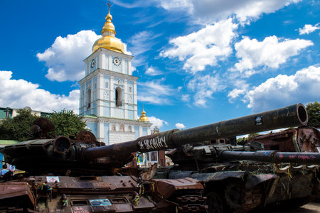 The exhibition of destroyed Russian military equipment is an outdoor exhibit and features Russian military equipment that has been captured and destroyed by Ukraine since the start of the war. The presentation of this destroyed Russian military material iのeditorial素材