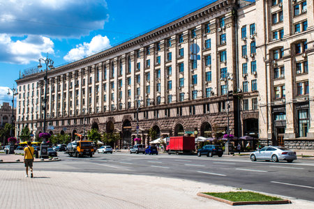 Facade of a building and architecture of the city of Kyiv, the capital of Ukraine during the war with Russia, the historical and modern buildings of Kyiv are the target of Russian missiles or drones. Thanks to a high-performance air defense system provideのeditorial素材