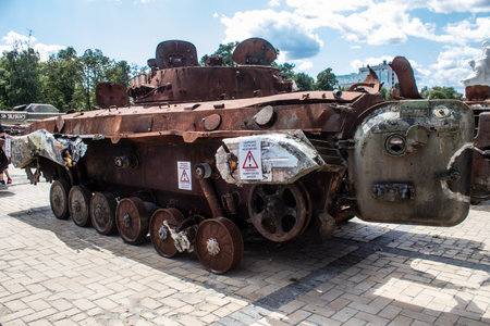 The exhibition of destroyed Russian military equipment is an outdoor exhibit and features Russian military equipment that has been captured and destroyed by Ukraine since the start of the war. The presentation of this destroyed Russian military material iのeditorial素材