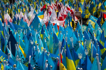 Thousands of flags have been planted at the makeshift memorial for fallen soldiers in Maidan Square...