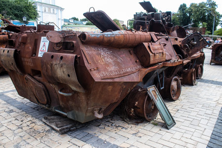 The exhibition of destroyed Russian military equipment is an outdoor exhibit and features Russian military equipment that has been captured and destroyed by Ukraine since the start of the war. The presentation of this destroyed Russian military material iのeditorial素材