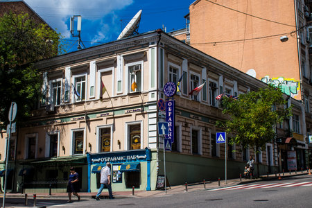 Facade of a building and architecture of the city of Kyiv, the capital of Ukraine during the war with Russia, the historical and modern buildings of Kyiv are the target of Russian missiles or drones. Thanks to a high-performance air defense system provideのeditorial素材