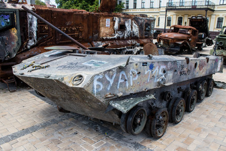 The exhibition of destroyed Russian military equipment is an outdoor exhibit and features Russian military equipment that has been captured and destroyed by Ukraine since the start of the war. The presentation of this destroyed Russian military material iのeditorial素材