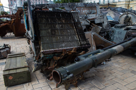 The exhibition of destroyed Russian military equipment is an outdoor exhibit and features Russian military equipment that has been captured and destroyed by Ukraine since the start of the war. The presentation of this destroyed Russian military material iのeditorial素材