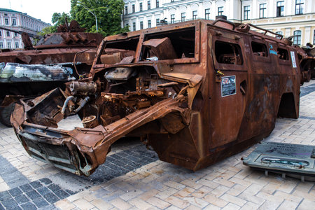 The exhibition of destroyed Russian military equipment is an outdoor exhibit and features Russian military equipment that has been captured and destroyed by Ukraine since the start of the war. The presentation of this destroyed Russian military material iのeditorial素材