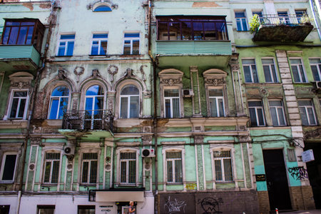 Facade of a building and architecture of the city of Kyiv, the capital of Ukraine during the war with Russia, the historical and modern buildings of Kyiv are the target of Russian missiles or drones. Thanks to a high-performance air defense system provideのeditorial素材