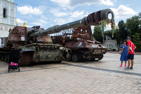 The exhibition of destroyed Russian military equipment is an outdoor exhibit and features Russian military equipment that has been captured and destroyed by Ukraine since the start of the war. The presentation of this destroyed Russian military material iのeditorial素材