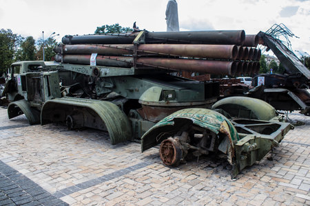 The exhibition of destroyed Russian military equipment is an outdoor exhibit and features Russian military equipment that has been captured and destroyed by Ukraine since the start of the war. The presentation of this destroyed Russian military material iのeditorial素材