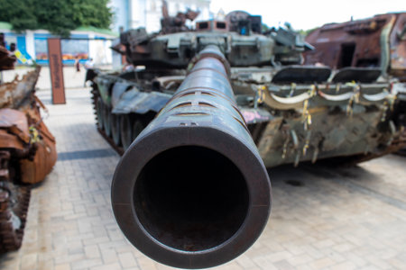 The exhibition of destroyed Russian military equipment is an outdoor exhibit and features Russian military equipment that has been captured and destroyed by Ukraine since the start of the war. The presentation of this destroyed Russian military material iのeditorial素材