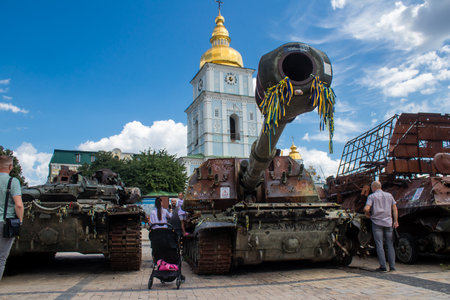 The exhibition of destroyed Russian military equipment is an outdoor exhibit and features Russian military equipment that has been captured and destroyed by Ukraine since the start of the war. The presentation of this destroyed Russian military material iのeditorial素材