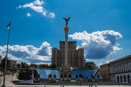 Facade of a building and architecture of the city of Kyiv, the capital of Ukraine during the war with Russia, the historical and modern buildings of Kyiv are the target of Russian missiles or drones. Thanks to a high-performance air defense system provideのeditorial素材